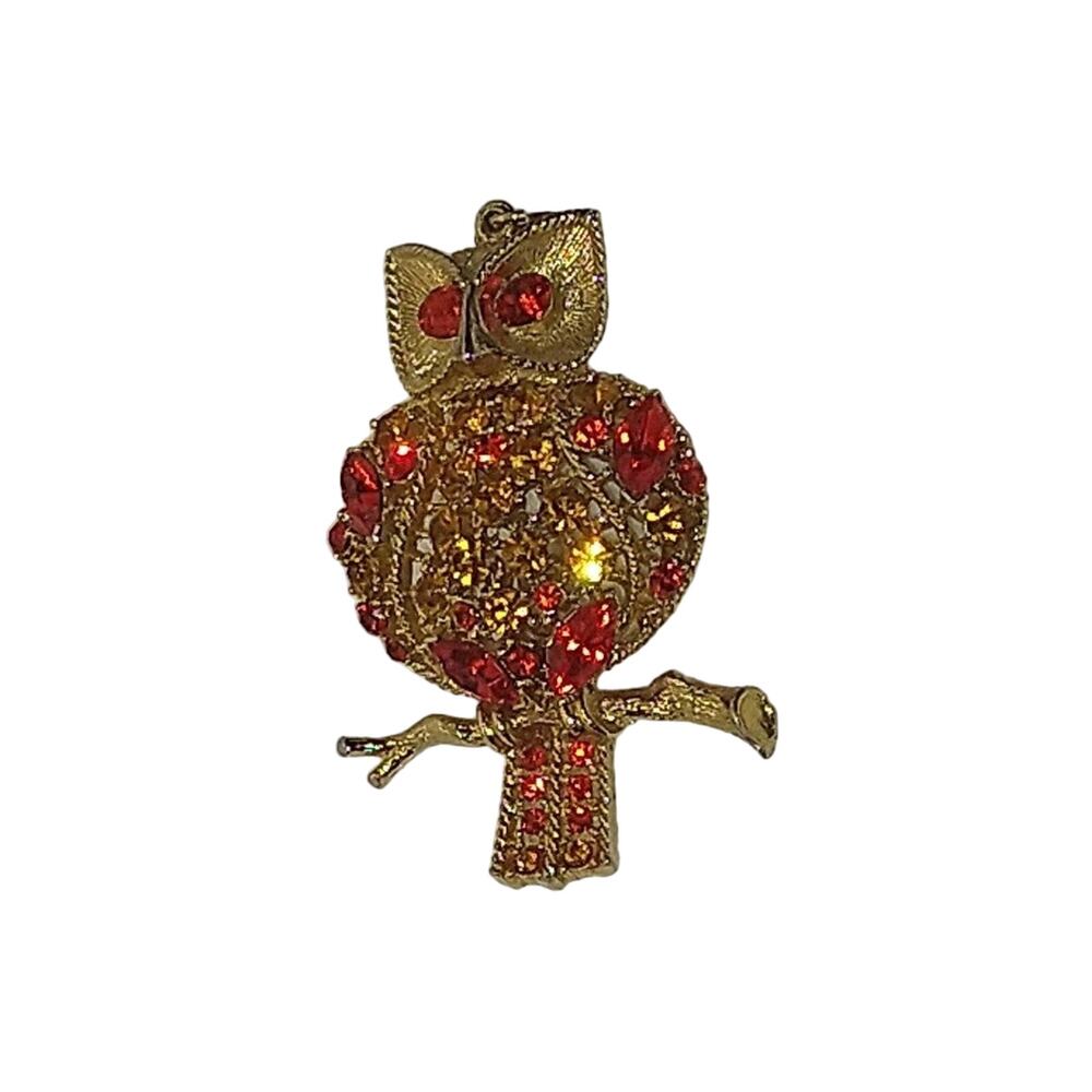 Vintage owl brooch/pendant. Orange/yellow on gold tone.